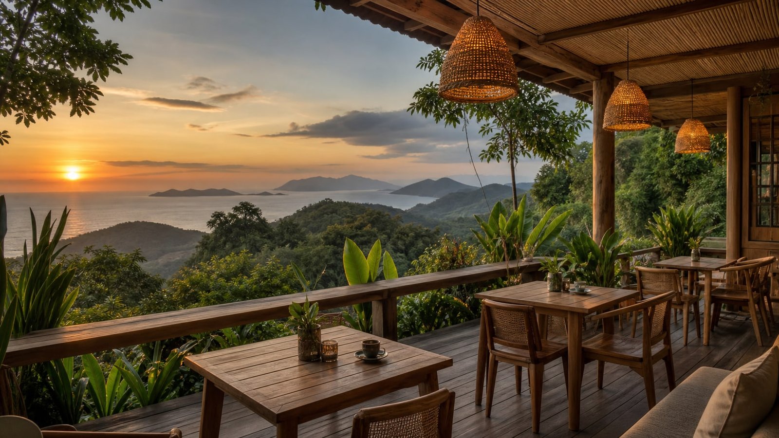 Scenic cafe terrace with mountain sunset view